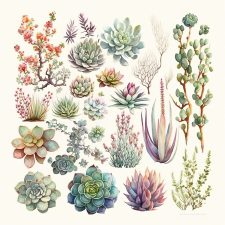 High Resolution: Intricate digital illustration features various succulents and plants rendered in soft pastel colors with delicate shading including rosette-shaped agaves and tall forms download. | HRJPG.com
