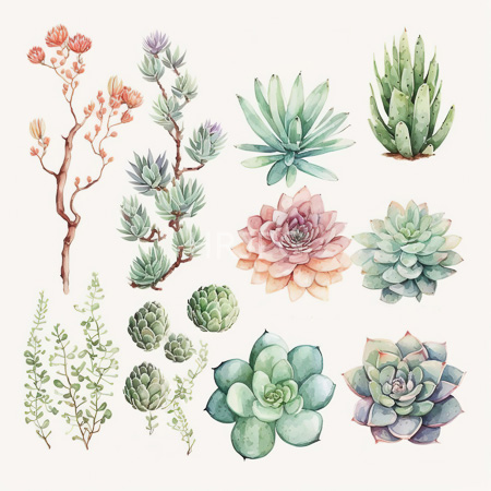 High Resolution: Watercolor illustration features various succulents and plants on a white background with detailed depictions in soft pastel colors including branching flowers and large rosette-shaped leaves download. | HRJPG.com