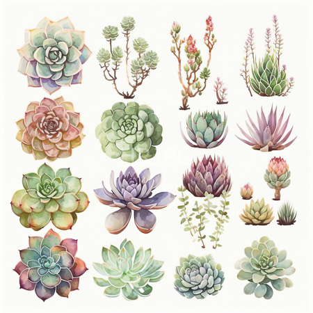 High Resolution: Intricate watercolor illustration features sixteen distinct succulent plants including rosette-shaped agaves in pastel greens to pinks and branching cacti adorned with accents download. | HRJPG.com