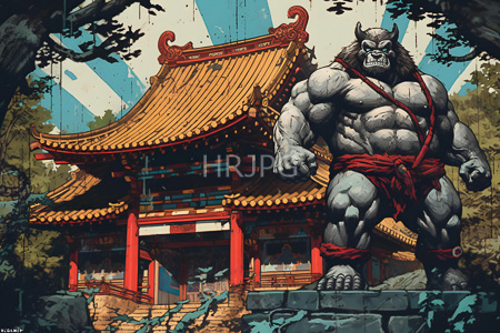 High Resolution: Comic style drawing depicts an enormous muscular figure with gray skin and red loincloth standing beside a traditional temple architecture with curved yellow-tiled rooflines download. | HRJPG.com