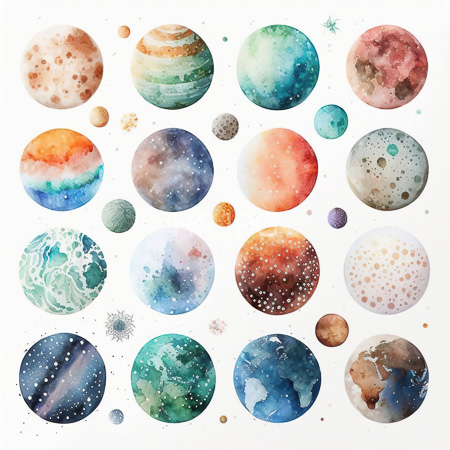High Resolution: Intricate watercolor illustration features over twenty distinct planets of varying sizes colors and textures scattered across a white background space-like canvas download. | HRJPG.com
