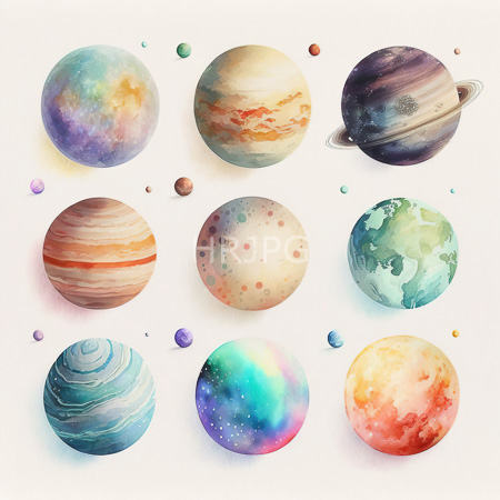 High Resolution: Watercolor-style illustration features nine celestial bodies arranged in rows on an off-white background with subtle shadows and one celestial body featuring iconic rings download. | HRJPG.com