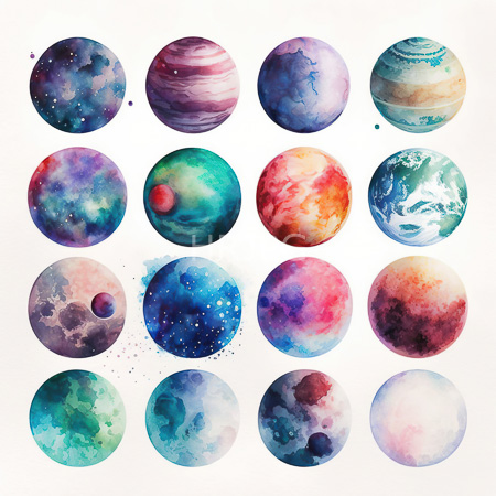 High Resolution: Artistic watercolor painting features sixteen circular celestial bodies each with unique and vibrant color patterns resembling various celestial bodies download. | HRJPG.com