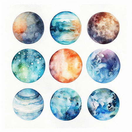 High Resolution: Watercolor painting features nine celestial spheres arranged in rows on a white background each featuring unique color patterns resembling oceanic waves to cratered surfaces download. | HRJPG.com