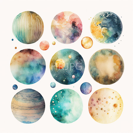 High Resolution: Watercolor illustration features twelve celestial bodies including planets and moons in various sizes displaying vibrant colors like teal blues earthy browns with stripes download. | HRJPG.com