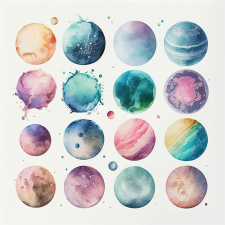 High Resolution: Abstract watercolor painting features sixteen colorful textured spheres representing celestial bodies against a white background with marbling patterns download. | HRJPG.com