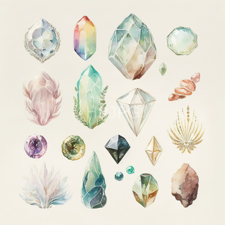High Resolution: Elegant watercolor illustration features various gemstones and crystals displayed against a light beige background with diverse shapes and colors including rainbow hues download. | HRJPG.com