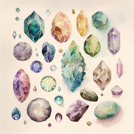 High Resolution: Watercolor illustration features various colorful gemstones including diamonds sapphires rubies and emeralds on an off-white background download. | HRJPG.com