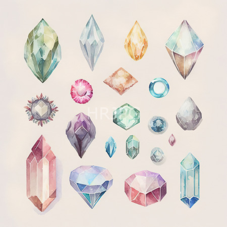 High Resolution: Digital watercolor illustration features various gemstones including diamonds and teardrop shapes in different colors and triangular prism cuts download. | HRJPG.com