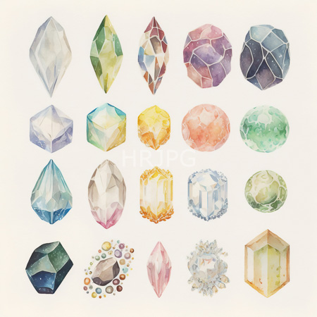 High Resolution: Intricate watercolor illustration features over twenty geometrically faceted gemstones each with unique shapes and colors including clear diamonds to pink sapphires download. | HRJPG.com