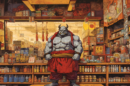 High Resolution: Anthropomorphic muscular figure with blue skin and horns stands behind a traditional market stall filled with jars bottles herbs and Japanese posters download. | HRJPG.com