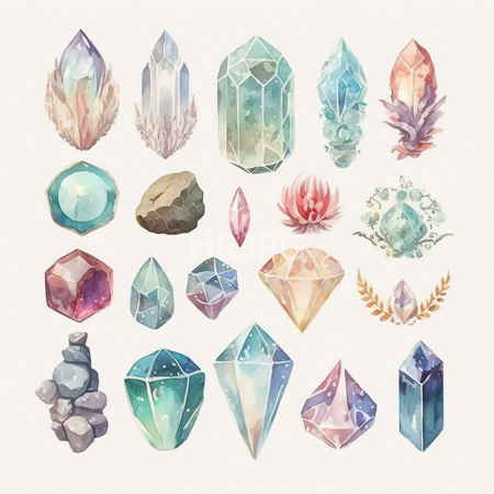 High Resolution: Intricate watercolor illustration features over twenty various gemstones and crystals each with unique shapes colors textures and reflections on a white background download. | HRJPG.com