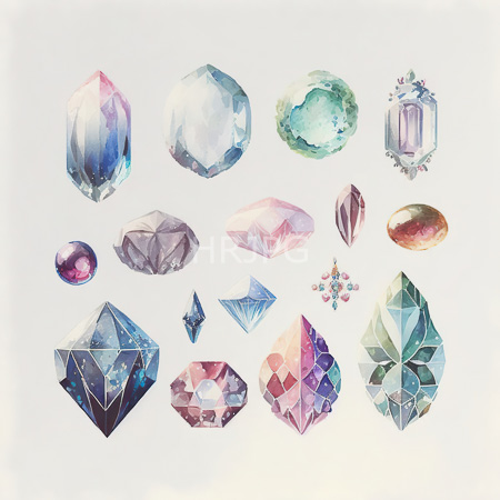 High Resolution: Intricate watercolor illustration features twelve different gemstones each with unique shapes and colors including faceted crystals and translucent greenish orbs download. | HRJPG.com