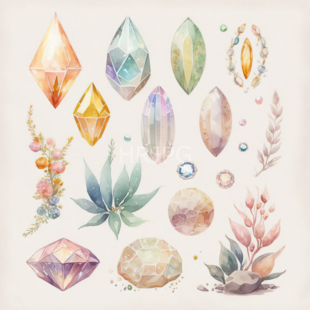 High Resolution: Watercolor illustration features various gemstones and botanical elements including diamond-shaped orange gems and multi-faceted greenish-blue crystals adorned by small pearls download. | HRJPG.com