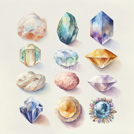 High Resolution: Elegant watercolor painting depicts twelve various gemstones each with unique shapes and colors arranged in rows including translucent orange crystals download. | HRJPG.com