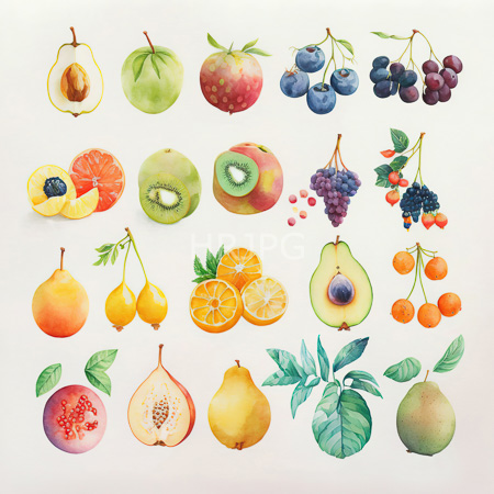 High Resolution: Intricate colorful watercolor painting depicts various fruits and berries including detailed pears with visible seeds and halved citrus showing orange segments download. | HRJPG.com