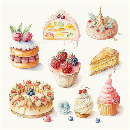 High Resolution: Intricate watercolor illustration features nine different pastries and desserts adorned with various fruits like strawberries raspberries blueberries or topped with icing download. | HRJPG.com