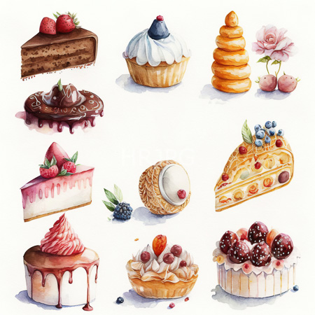 High Resolution: Intricate watercolor illustration features twelve different pastries and desserts meticulously detailed with vibrant colors including a chocolate layer cake slice topped with strawberries download. | HRJPG.com