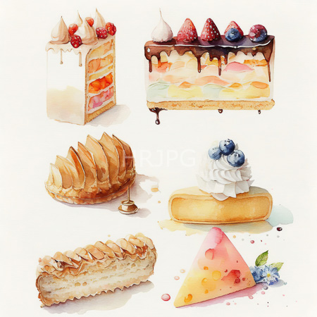 High Resolution: Watercolor illustration features six colorful detailed cakes including a slice with cream and berries dripping down the sides and a fluted pastry ring adorned by blueberries download. | HRJPG.com