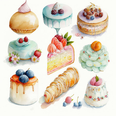 High Resolution: Intricate watercolor painting features various colorful desserts including macarons layered cakes topped with berries and cream-topped pies adorned with strawberries or peaches download. | HRJPG.com