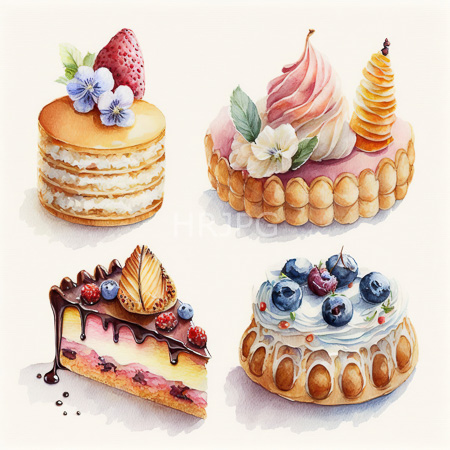 High Resolution: Watercolor illustration features four colorful pastries each with unique toppings and textures including a layered cake topped by a strawberry flower download. | HRJPG.com