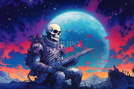 High Resolution: Anthropomorphic skeleton warrior with glowing eyes wearing futuristic armor holds a rifle while seated on rocky terrain under a large blue celestial body and vibrant red clouds download. | HRJPG.com