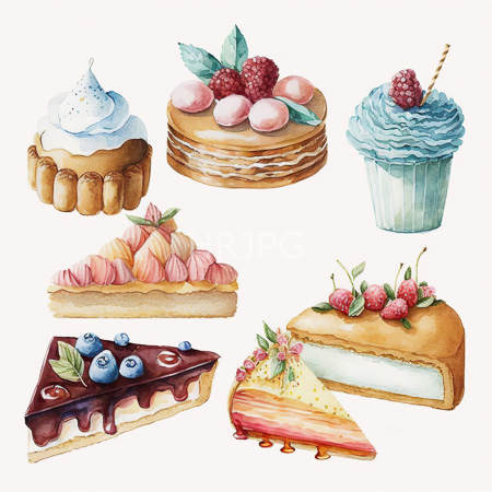 High Resolution: Watercolor illustration features eight colorful desserts including cupcakes with blue and pink frosting and a mille-feuille pastry covered in strawberry slices download. | HRJPG.com