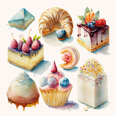High Resolution: Watercolor painting features various pastries and desserts including croissants with chocolate drizzle and berry-topped cheesecake on a blue icing base download. | HRJPG.com