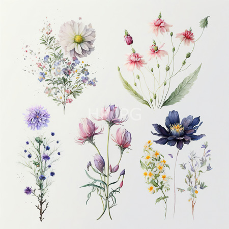 High Resolution: Elegant watercolor painting features various floral arrangements showcasing delicate flowers in pastel hues including whites pinks purples and blues with green leaves download. | HRJPG.com