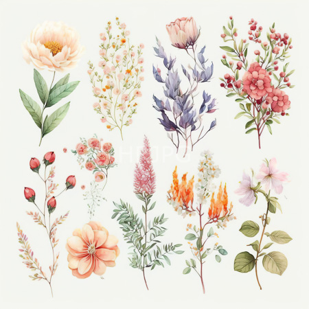 High Resolution: Elegant watercolor illustration features sixteen distinct floral arrangements including peach roses delicate pink and yellow wildflowers and lavender blossoms download. | HRJPG.com