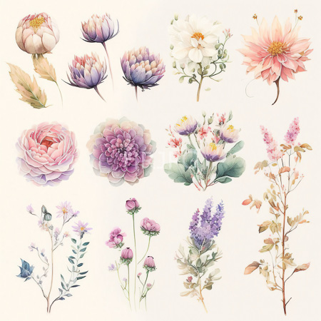 High Resolution: Elegant watercolor illustration features sixteen distinct floral specimens including peonies white daisies soft peach dahlias and delicate lavender blossoms download. | HRJPG.com