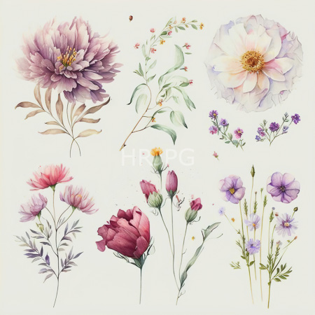 High Resolution: Elegant watercolor illustration features nine different floral compositions including large pink peonies with detailed petals and delicate pastel-colored daisies download. | HRJPG.com