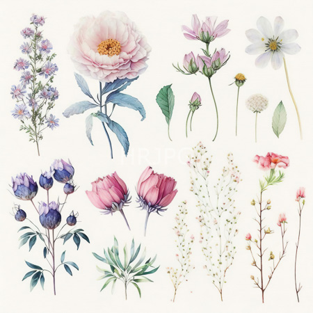 High Resolution: Watercolor illustration features various flowers and plants including pink peony purple-blue buds delicate lavender sprigs and small yellow flowerbuds download. | HRJPG.com