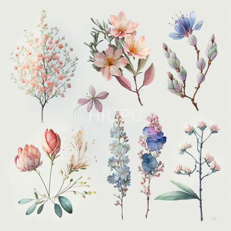 High Resolution: Elegant watercolor illustration features nine distinct floral arrangements showcasing delicate and varied botanical designs in soft pastel hues of pink blue purple green download. | HRJPG.com