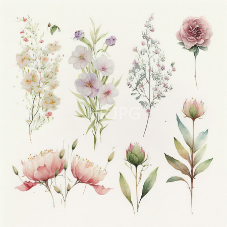 High Resolution: Elegant watercolor illustration features various floral arrangements showcasing delicate flowers in soft pastel hues of pink and purple with green leaves including clusters of small peach-colored blossoms download. | HRJPG.com