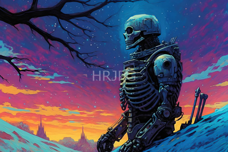 High Resolution: Intricately detailed metallic skeleton stands on snowy terrain at sunset with a vibrant purple and orange sky and bare tree branches with visible gears giving it a robotic appearance download. | HRJPG.com