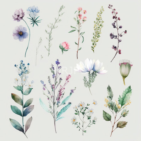 High Resolution: Elegant watercolor illustration features various botanical specimens against a light gray background showcasing delicate flowers and plants in soft pastel hues of blue pink purple green download. | HRJPG.com