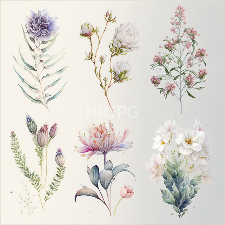 High Resolution: Elegant watercolor illustration features nine distinct floral arrangements showcasing various flowers in soft pastel hues and delicate brushstrokes including lavender blooms and small pink buds download. | HRJPG.com