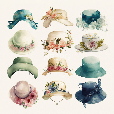 High Resolution: Elegant watercolor illustration features nine different hats arranged in three rows against a white background some with floral decorations and others with greenery or simple ribbon accents download. | HRJPG.com
