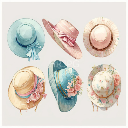 High Resolution: Watercolor illustration features six elegant hats each with unique styles and decorations including a pastel blue ribboned sun hat and a pink bow-adorned wide-brimmed straw hat download. | HRJPG.com