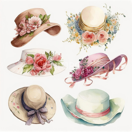 High Resolution: Watercolor illustration features six elegant hats each adorned with floral designs and ribbons in pastel colors including a brown hat with pink flowers and a white bonnet with roses download. | HRJPG.com