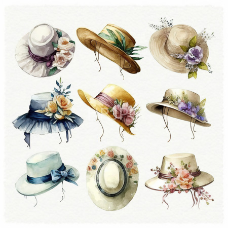 High Resolution: Elegant watercolor-style illustration features nine different hats arranged in three rows each hat showcases unique floral and ribbon adornments with varying colors download. | HRJPG.com