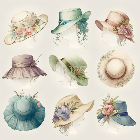 High Resolution: Elegant pastel-colored hats arranged in three rows each hat is adorned with different floral decorations and ribbons including pink roses and teal flowers download. | HRJPG.com