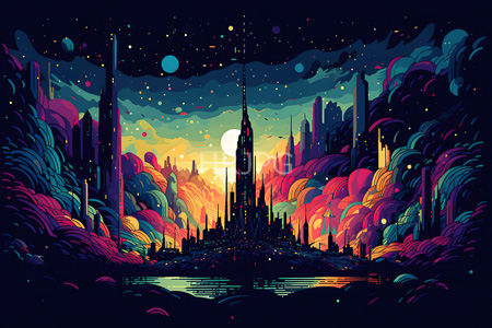 High Resolution: Abstract colorful cityscape at sunset with vibrant purples and pinks in swirling clouds surrounding tall skyscrapers under a starry night sky with reflective water below download. | HRJPG.com
