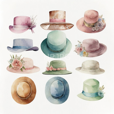High Resolution: Watercolor illustration features twelve pastel-colored hats each adorned with different floral and ribbon accents including wide-brimmed styles in pink purple green beige blue tones download. | HRJPG.com
