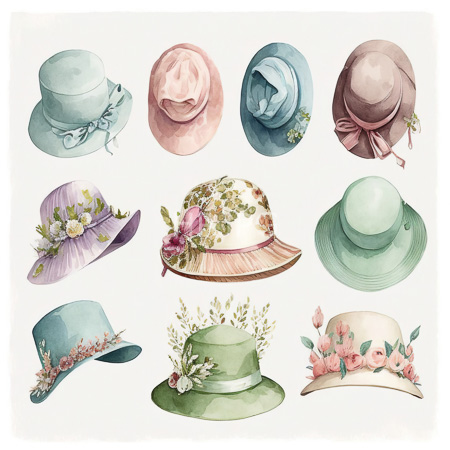 High Resolution: Watercolor illustration features nine elegant hats in pastel colors featuring floral and ribbon details including blue pink green shades with various decorations download. | HRJPG.com
