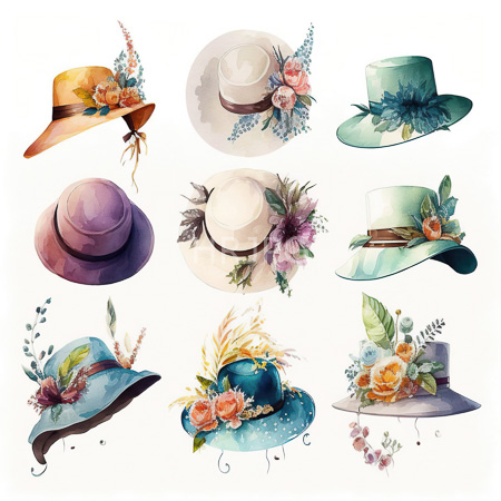 High Resolution: Elegant watercolor illustration features nine different hats each adorned with floral decorations in various pastel colors and styles download. | HRJPG.com