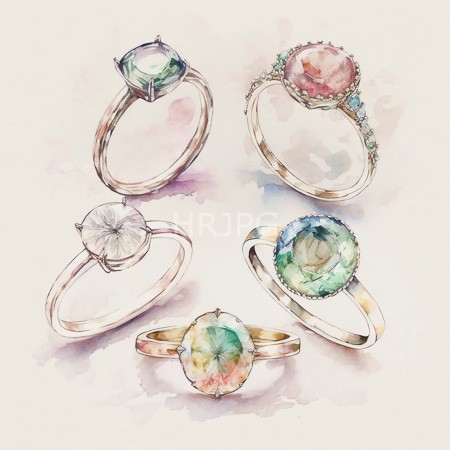 High Resolution: Watercolor-style drawing features five elegant rings each with different colored gemstones set in delicate gold bands including a green diamond-like stone and a pink oval surrounded by small turquoise stones download. | HRJPG.com