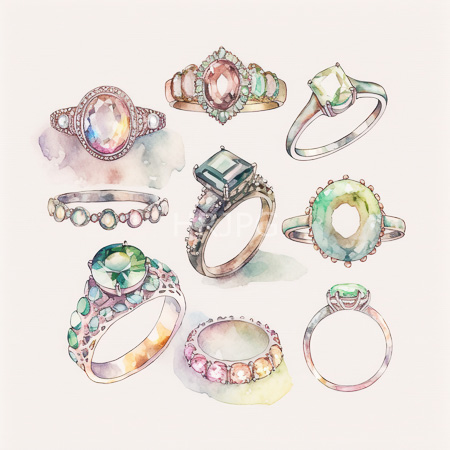 High Resolution: Watercolor illustration features twelve elegant rings each with different gemstones and designs including a round pink opal with a diamond setting and a square green emerald ring in a silver band download. | HRJPG.com