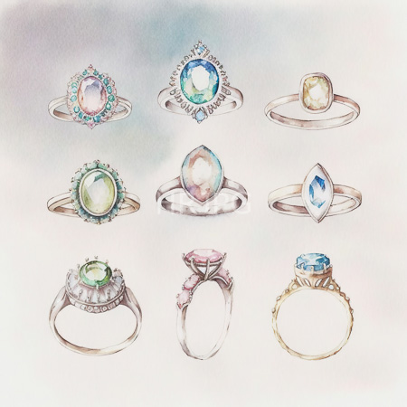 High Resolution: Watercolor illustration features nine elegant rings each with different gemstones and designs including an oval greenstone surrounded by turquoise stones and a teardrop-shaped aquamarine set intricately download. | HRJPG.com